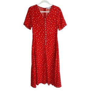 Ivy City Co Midi Dress Women’s Size Medium Red Floral Print Short Sleeve V-Neck